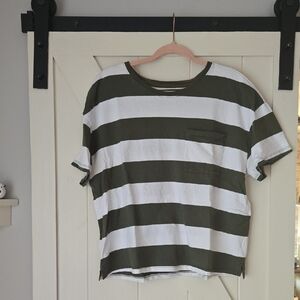 Time and Tru Olive Green & White Striped Pocket Tee